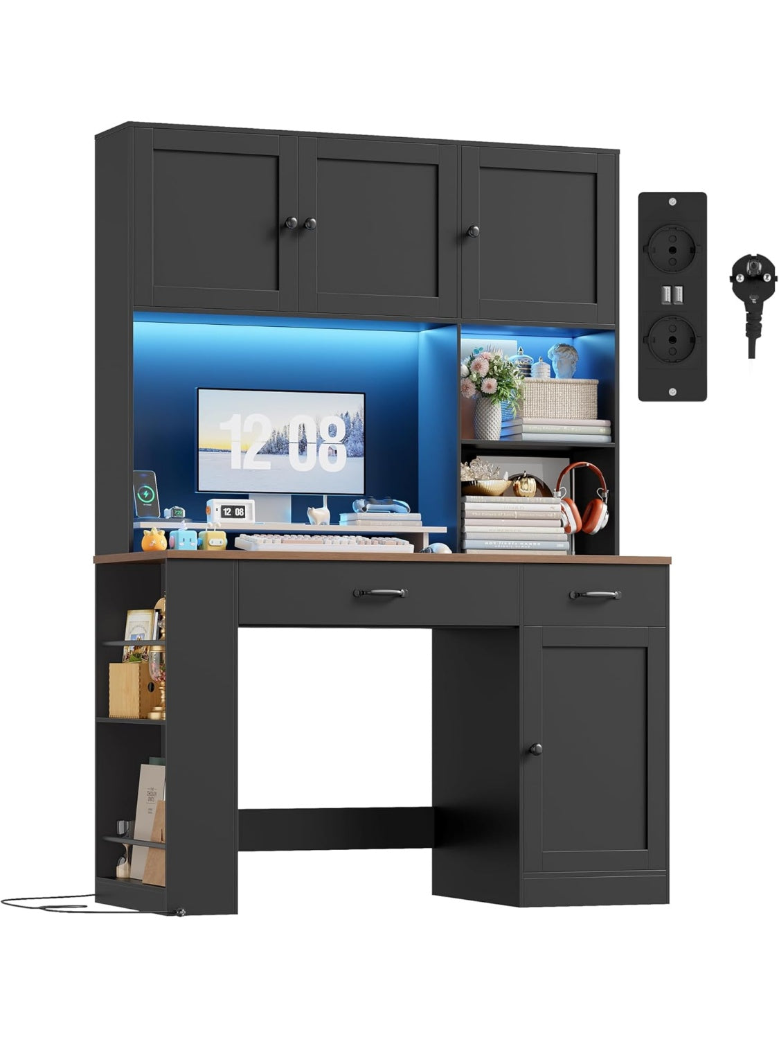 Schreibtisch 180 cm mit LED Beleuchtung Steckdosenleiste und grosszugiger Arbeitsflache fur Homeoffice