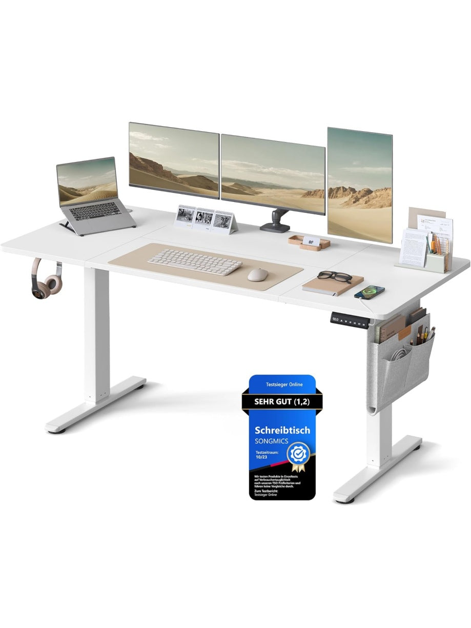 Elektrisch hohenverstellbarer Schreibtisch 160 x 70 cm mit vier Speicherpositionen in Wolkenweiss