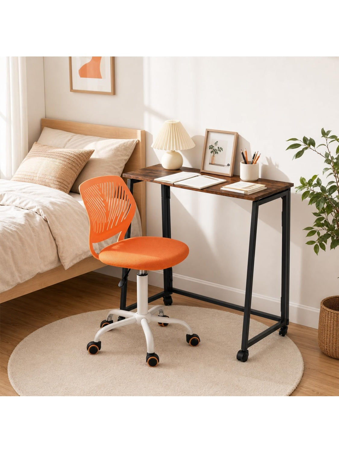 Homeoffice Set mit klappbarem Schreibtisch und ergonomischem Drehstuhl in Braun und Orange