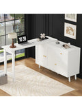 L formiger Eckschreibtisch mit drehbarem Sideboard Stauraum und Schminktisch Funktion