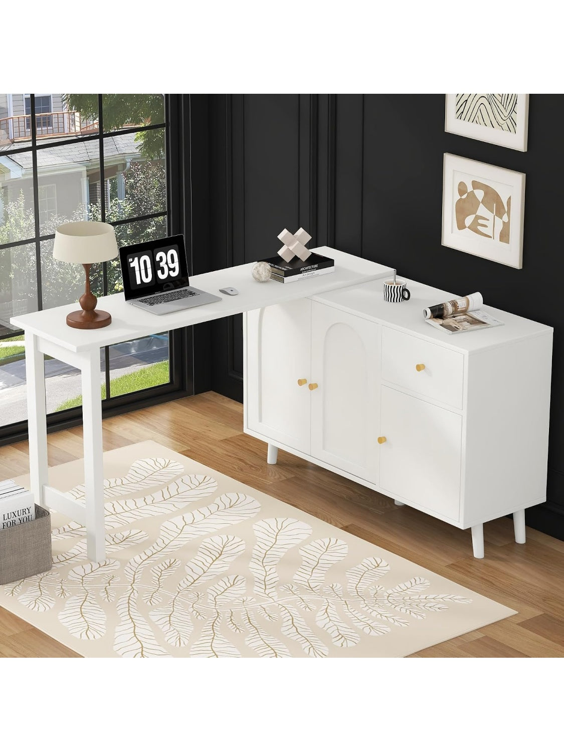 L formiger Eckschreibtisch mit drehbarem Sideboard Stauraum und Schminktisch Funktion